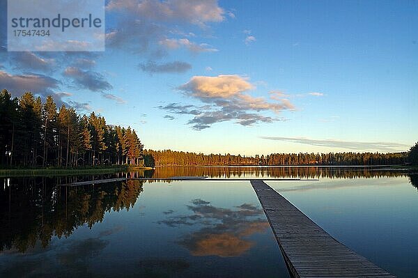 Bäume spiegeln sich im ruhigen Wasser eines See  schmaler Steg aus Holz führt in den See hinein  Arvidsjaur  Norrbottens län  Lappland  Schweden  Europa