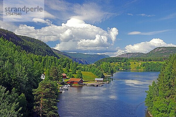 Wald und Wasser  kleine Bauernhöfe  Telemarkkanal  Norwegen  Europa