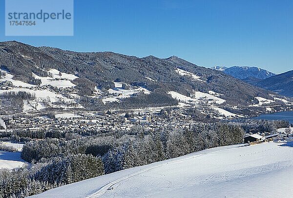 Blick ins verschneite Mondseeland  Mondsee  Salzkammergut  Oberösterreich  Österreich  Europa