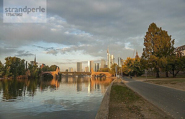 Flusspromenade am Main  Skyline  Hochhäuser im Bankenviertel im Morgenlicht  Sonnenaufgang  Herbst  Frankfurt am Main  Hessen  Deutschland  Europa