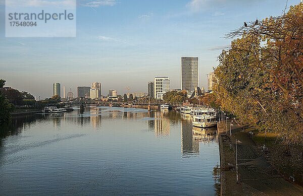 Uferpromenade am Main  Hochhäuser im Bankenviertel im Morgenlicht  Frankfurt am Main  Hessen  Deutschland  Europa