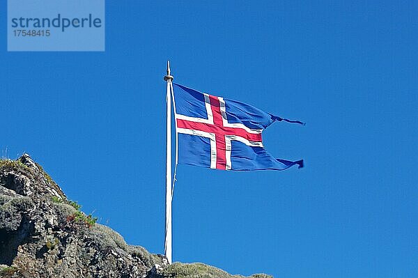 Isländische Fahne weht im Wind  Thingvellir  Island  Europa