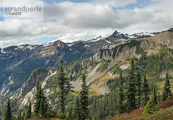 Berglandschaft im Herbst  Ausblick auf Mt. Baker in Wolken mit Schnee und Gletscher  Mt. Baker-Snoqualmie National Forest  Washington  USA  Nordamerika