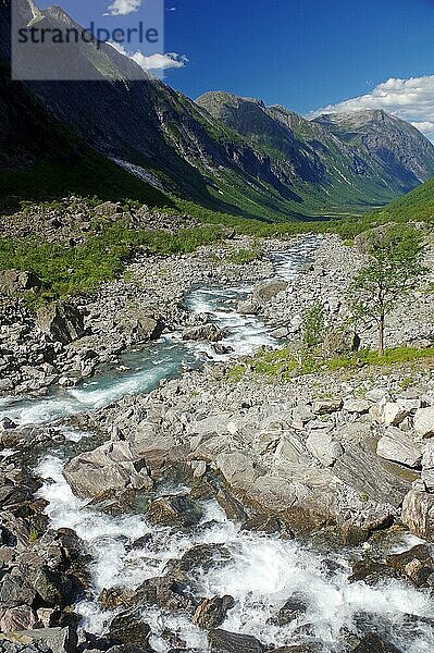 Wilder Bach in einem engen Tal  das von Bergen eingerahmt wird  Trollstigen  Norwegen  Europa