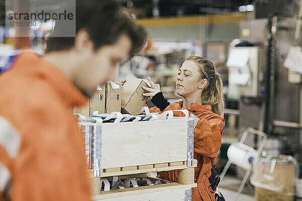 Weiblicher Arbeiter ordnet Kartons in einem Fabriklager