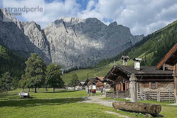 Almdorf Eng mit Brunnen  dahinter Grubenkarspitze und Dreizinkenspitze  Karwendel-Gebirge  Hinterriss  Tirol  Österreich  Europa