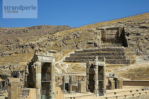 Hundertsäulensaal mit Felsgrab im Hintergrund  Persepolis  Persepolis  Iran
