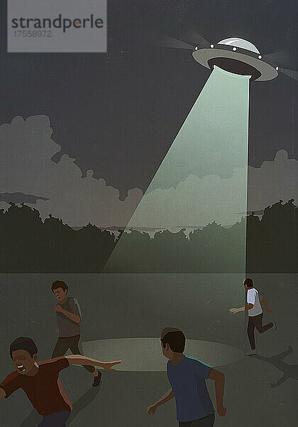 Menschen rennen vor UFO-Strahl im Feld