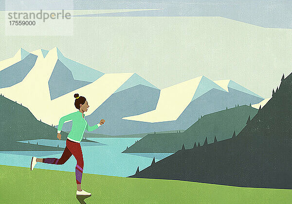 Sorglose Frau beim Joggen auf einer idyllischen Bergwiese