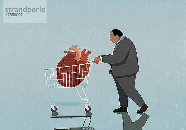 Übergewichtiger Geschäftsmann  der einen Einkaufswagen mit vergrößertem Herz schiebt