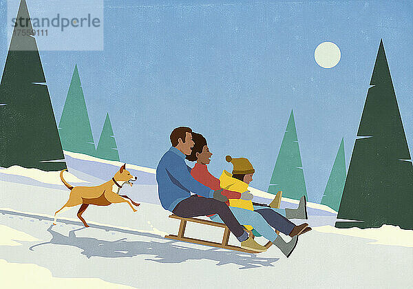 Glückliche Familie mit Hundeschlitten auf verschneiter Winterpiste