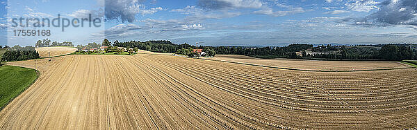 Idyllisches Panorama eines abgeernteten goldenen Heufeldes auf einem Bauernhof