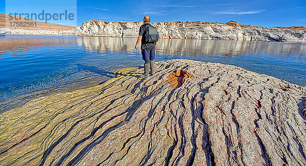 Mann wandert entlang des felsigen Ufers des Lake Powell in einem Gebiet namens Chains im Glen Canyon Recreation Area  Page  Arizona  Vereinigte Staaten von Amerika  Nordamerika