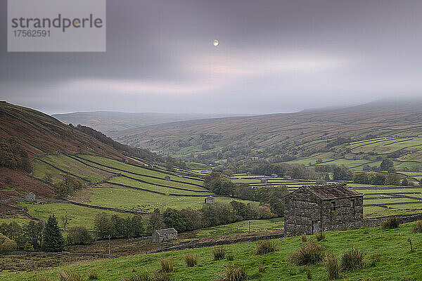 Mondaufgang über Steinscheunen in Swaledale  Yorkshire Dales National Park  Thwaite  North Yorkshire  England  Vereinigtes Königreich  Europa