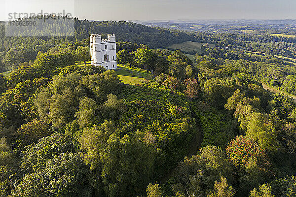 Luftaufnahme des Haldon Belvedere Tower (Lawrence Castle) an einem sonnigen Spätsommermorgen  Haldon  Devon  England  Vereinigtes Königreich  Europa