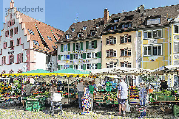 Markt auf dem Münsterplatz  Freiburg  Schwarzwald  Baden Württemberg  Deutschland  Europa