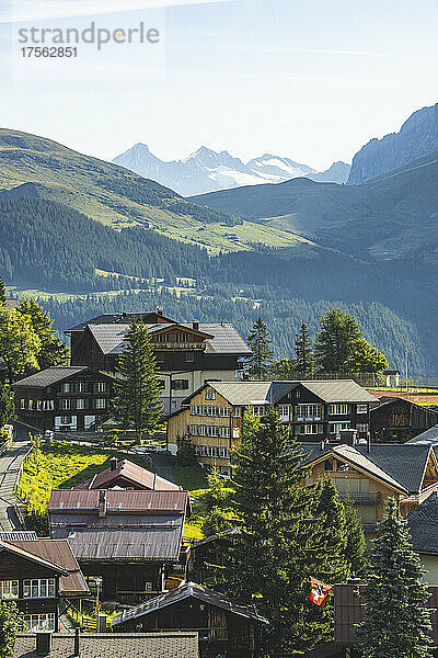 Traditionelles Chalet und Häuser im Alpendorf Murren im Sommer  Jungfrau Region  Kanton Bern  Schweizer Alpen  Schweiz  Europa