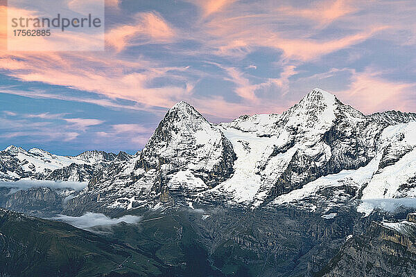 Majestätische Berge Eiger und Mönch unter rosa Wolken bei Sonnenuntergang  Murren Birg  Jungfrau Region  Kanton Bern  Schweizer Alpen  Schweiz  Europa