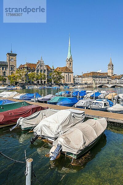 Boote im Hafen am Limmat  hinten Frauenmünster und Stadthaus Zürich  Schifflände  Altstadt  Zürich  Schweiz  Europa