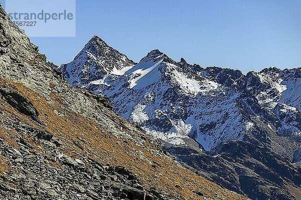 Verschneite Berggipfel mit herbstlicher Landschaft  Martelltal  Naturns  Südtirol  Italien  Europa