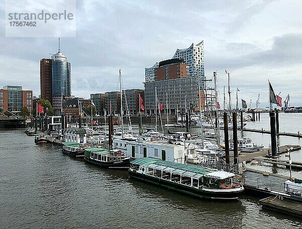 Boote am City Sporthafen in der Elbe  hinten Hafencity mit Elbphilharmonie  Hamburg  Deutschland  Europa