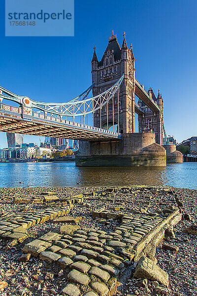 Tower Bridge und The City bei Ebbe  London  England  Vereinigtes Königreich  Europa