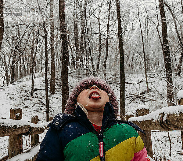Kind fängt im Wald Schneeflocken mit der Zunge