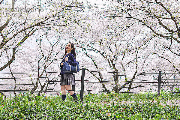 Japanisches Highschool-Mädchen schaut nach oben