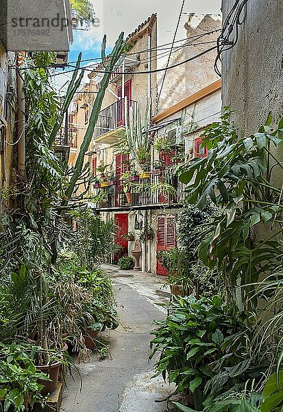 Enge Straße mit Blumentöpfen und leuchtend roten Türen und Fenstern in der Stadt Monreale bei Palermo  Sizilien  Italien  Europa