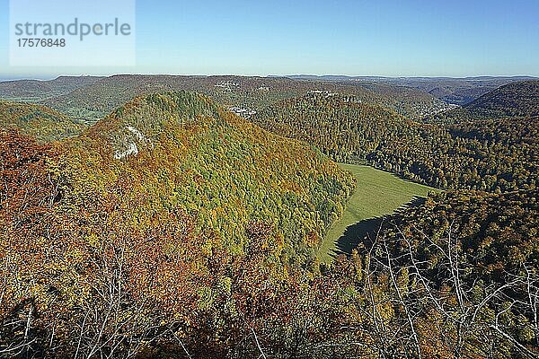 Herbstlicher Wald  Ausblick auf Runder Berg  Ruine Hohenurach und Albtrauf  Bad Urach  Ermstal  Biosphärengebiet Schwäbische Alb  Baden-Württemberg  Deutschland  Europa