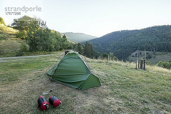 Grünes Zelt auf trockener Sommer Wiese  Präg  Schwarzwald  Baden-Würrtemberg  Deutschland  Europa