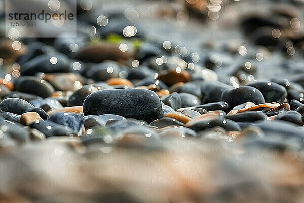 Von der Sonne beleuchtete glänzende Kieselsteine am Strand  funkelnde Lichter  Bokeh  stilisierte Ölmalerei  Insel Düne  Helgoland  Schleswig-Holstein  Deutschland  Europa