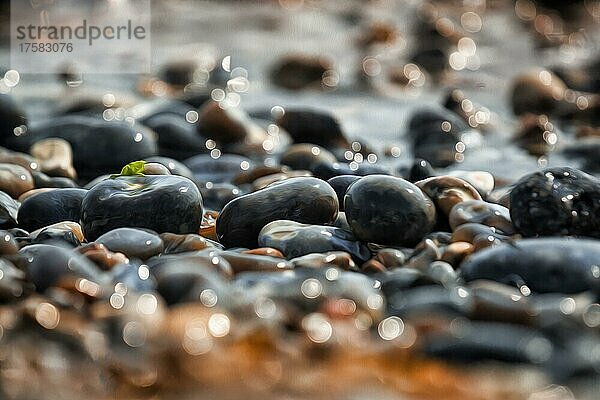 Von der Sonne beleuchtete glänzende Kieselsteine am Strand  funkelnde Lichter  Bokeh  stilisierte Ölmalerei  Insel Düne  Helgoland  Schleswig-Holstein  Deutschland  Europa