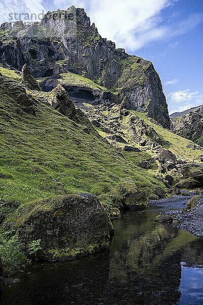 Fluss in einer Schlucht  Landschaft mit Bergen  Pakgil  Island  Europa