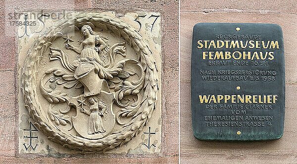 Wappen der Befreiung von 1557 der Clarner Familie mit Informationstafel  Rückseite vom Fembohaus  Nürnberg  Mittelfranken  Bayern  Deutschland  Europa
