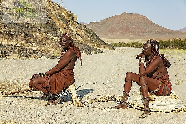 Himba-Frauen ruhen sich am Ufer des trockenen Flussbettes des Hoarusib-Flusses aus  Kaokoland  Kunene-Region  Namibia  Afrika