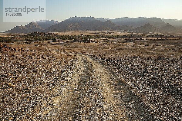 Schotterstraße zum trockenen Flussbett des Ugab Fluss  hinter dem Brandberg  Namibias höchstem Berg  Damaraland  Namibia  Afrika