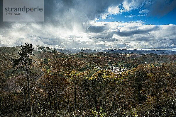 Herbstlich verfärbter Wald und Berge  Ruine Madenburg  Eschbach  bei Landau  Pfalz  Pfälzer Wald  Rheinland-Pfalz  Deutschland  Europa