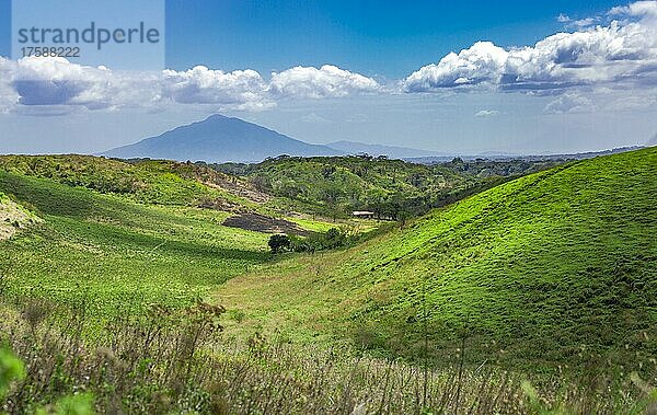 Ein schöner Hügel in einem Tal  Blick auf ein Tal mit einem Hügel und grünem Gras an einem sonnigen Tag