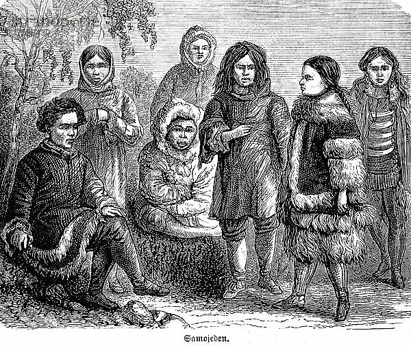 Samojeden  Norden  indigenes Volk  Russland  Kleidung  Fell  Kälte  Männer  Frauen  historische Illustration 1885  Europa