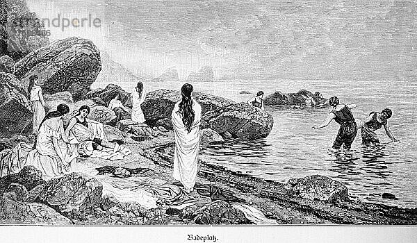 Baden im Atlantischen Ozean  Frauen  Badeanzug  Küste  Felsen  Vergnügen  Freizeit  Entspannung  Ufer  New York  Amerika  historische Illustration von 1897