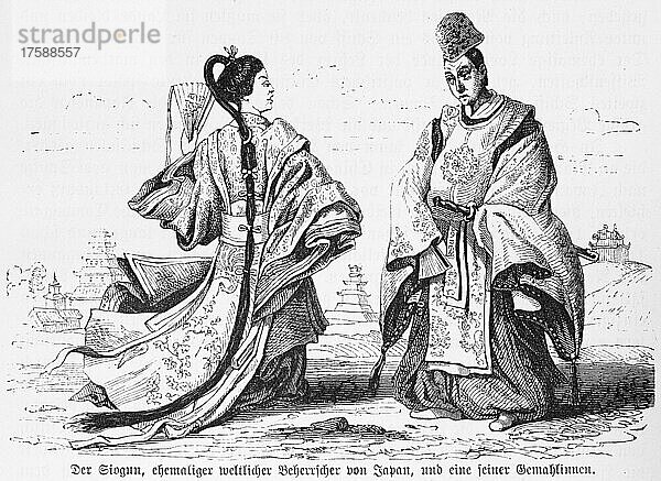 Siogun  Herrscher  Gemahlin  Frau  Kaiserreich  Politik  Porträt  Edel  Tracht  Gewand  vornehm  Zopf  Fächer  Japan  1885  Asien