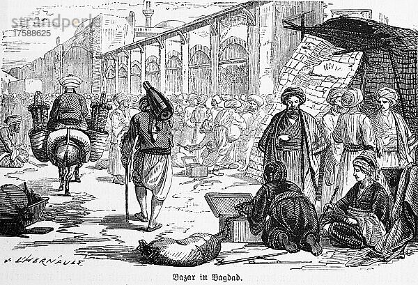 Bazar  Handel  Händler  viele Menschen  im Freien  Maultier  Männer  Halle  Kiste  Turban  Kleidung  Stand  Wirtschaft  historische Illustration  1885  Bagdad  Irak  Asien