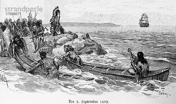 Indianer  Kanus  Atlantik  Ufer  Felsen  Ankunft  Segelschiff  Europäer  Eroberung  Kolonialisten  New York  Amerika  historische Illustration von 1897