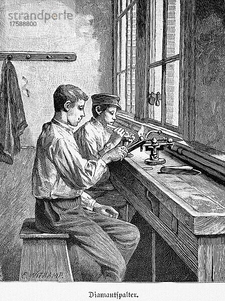 Verarbeitung roher Diamanten  Wirtschaft  Handel  Werkzeug  Werkbank  junge Arbeiter  Amsterdam  Niederlande  historische Illustration von 1897  Europa