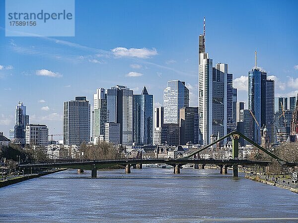 Skyline mit Hochhäusern  Flößerbrücke über dem Main  Frankfurt am Main  Hessen  Deutschland  Europa