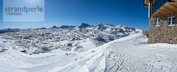 Winterlandschaft  Ausblick von der Krippenstein Lodge zum Skigebiet Freesports Arena Dachstein Krippenstein und zum Dachsteinmassiv  Krippenstein  Salzkammergut  Oberösterreich  Österreich  Europa