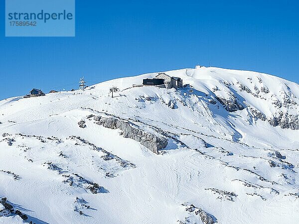 Blauer Himmel über Winterlandschaft  Skigebiet Freesports Arena Dachstein Krippenstein  Krippenstein  am Plateau Bergstation und Krippenstein Lodge  Salzkammergut  Oberösterreich  Österreich  Europa