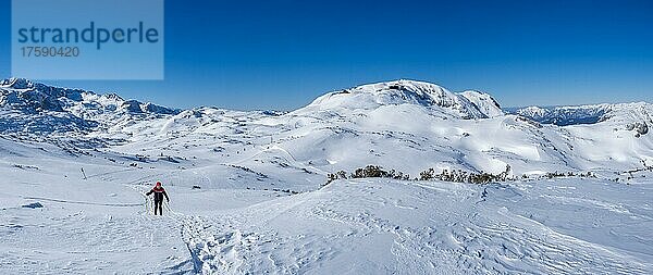 Blauer Himmel über Schneeschuhwanderin in Winterlandschaft  verschneite Berggipfel  Aussicht zum Krippenstein  Bergstation und Krippenstein Lodge  Salzkammergut  Oberösterreich  Österreich  Europa