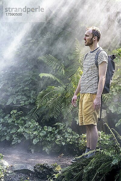 Junger Mann steht im Nebel  Wasserdampf vor dichter Vegetation  Botanischer Garten  Zürich  Schweiz  Europa